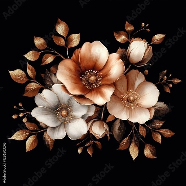 Fototapeta Elegant, classy, ​​vintage golden rose bouquet in dark background for wedding invitation