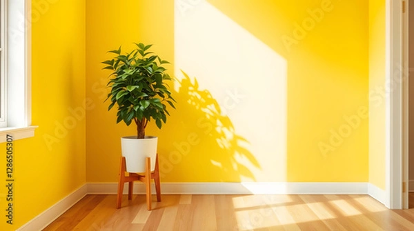 Obraz Sunlit Minimalist Interior: A single, vibrant green plant in a minimalist white pot stands elegantly in a sun-drenched room against a textured wall. The sunlight casts a warm shadow. natural glow
