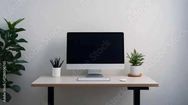 Fototapeta Minimalist Home Office Setup with Natural Light and Plants for Remote Productivity