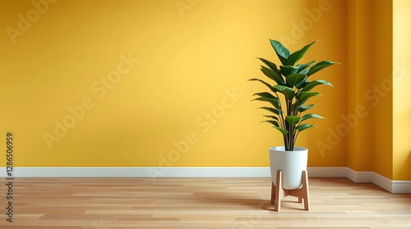 Obraz Sunlit Minimalist Interior: A single, vibrant green plant in a minimalist white pot stands elegantly in a sun-drenched room against a textured wall. The sunlight casts a warm shadow. natural glow