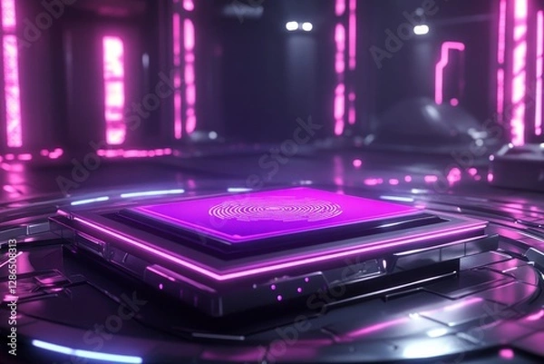 Fototapeta Futuristic Neon Circuit Board with Vibrant Pink Glow in Dark Space