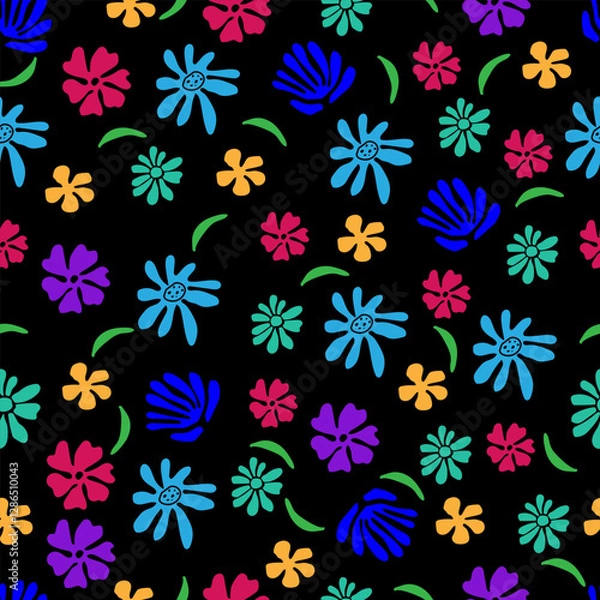 Fototapeta seamless pattern of various flowers on a black background