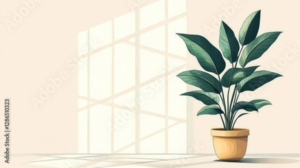 Fototapeta A vibrant indoor plant in a terracotta pot, set against a light, airy background with shadows.