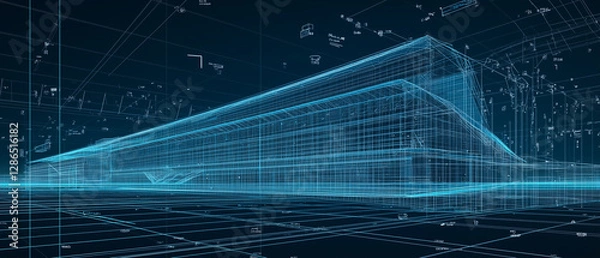 Obraz A sophisticated digital architectural blueprint of a sleek commercial skyscraper, depicted in a transparent wireframe style