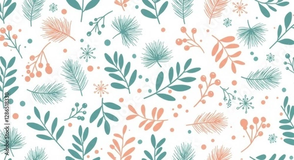 Fototapeta Winter foliage pattern, pastel colors, pine branches, holly berries, winter flora, delicate leaves, festive botanical illustration, seamless repeat, soft mint green and coral pink, hand-drawn style, h