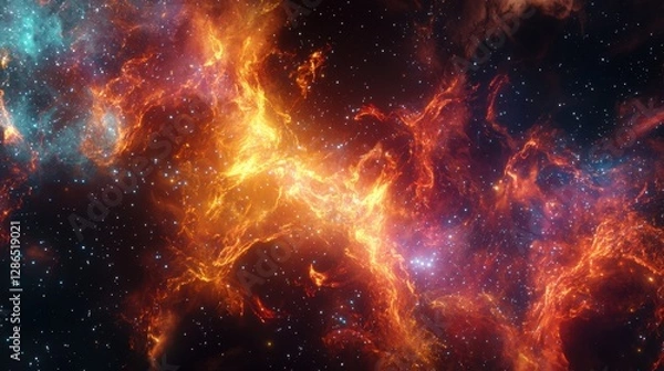 Fototapeta A futuristic energy surge distorts a nebula into an endless cascade of glowing filaments