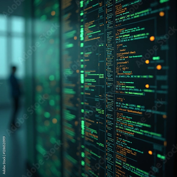 Fototapeta Abstract Digital Code and Technology Concept with Blurred Figure in Background