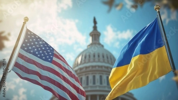 Obraz A symbol of diplomacy with the USA and Ukraine flags side by side in a political setting