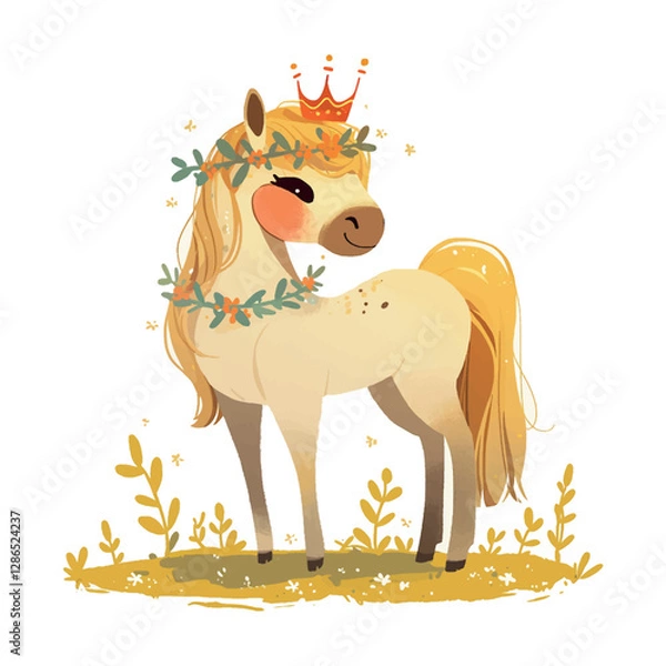Fototapeta A cartoon horse with a crown on its head. The horse is standing in a field of flowers