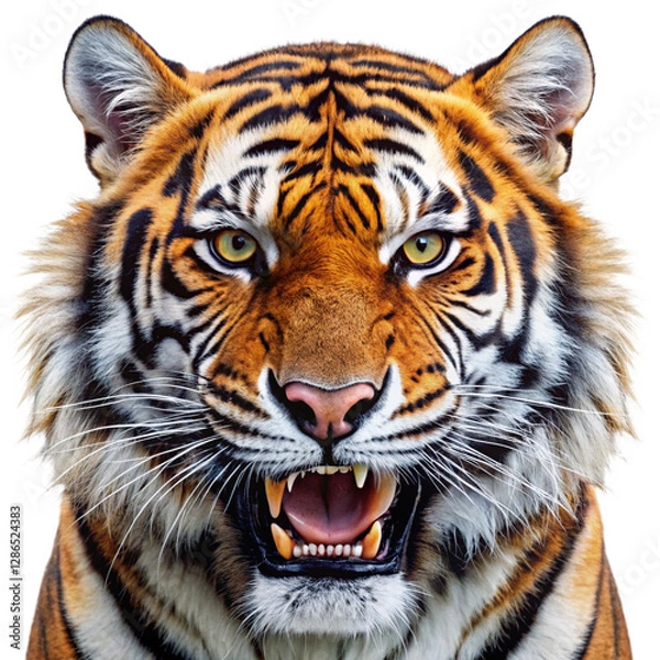 Fototapeta Highly detailed and realistic close-up of a tiger's face, with its mouth open in a roar
