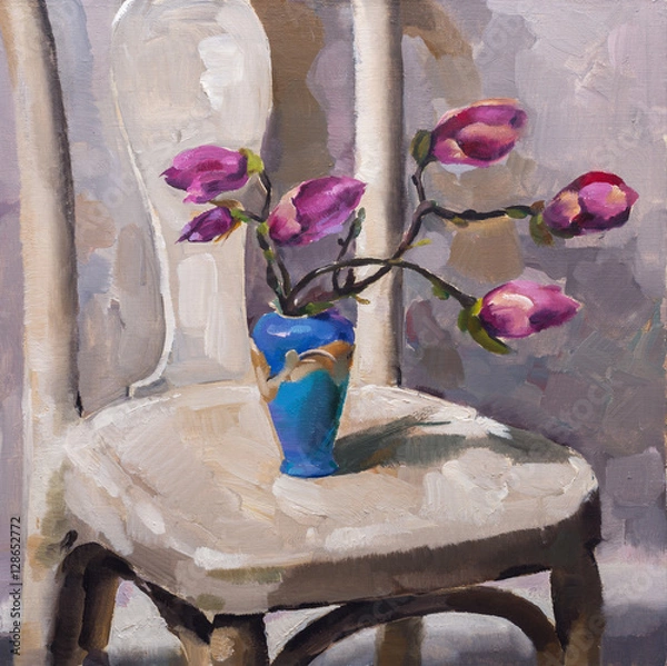 Obraz Oil painting still life with  purple  magnolia flowers On  Canvas with  texture  in the grayscale