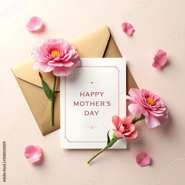 Fototapeta Flat lay of a clean white paper sheet with pink carnations on pink background top view close-up. Mothers day mockup design of greeting card, textured paper