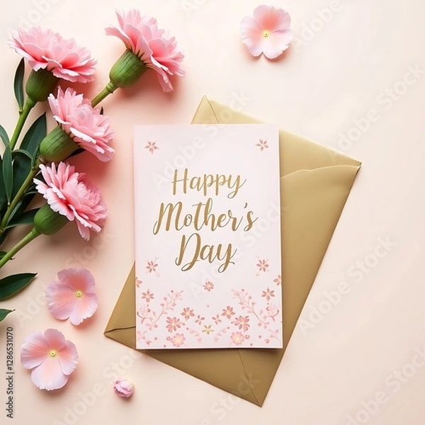 Fototapeta Flat lay of a clean white paper sheet with pink carnations on pink background top view close-up. Mothers day mockup design of greeting card, textured paper