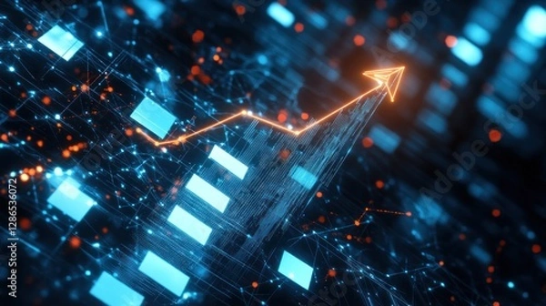 Fototapeta Growing Digital Bar Graph with Upward Arrow Displaying Data Progress