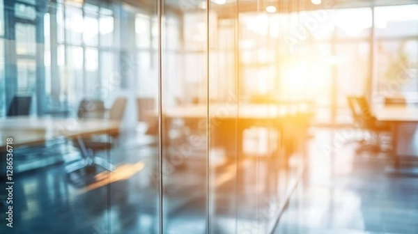 Fototapeta Blurred view of a modern office space through glass partition, sunlit.