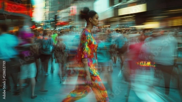 Fototapeta Woman in Times Square, vibrant colors and motion blur