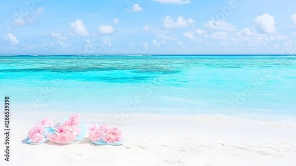 Fototapeta Tranquil Beach Scene with Pink Umbrellas on White Sand and Turquoise Ocean Under a Sunny Sky