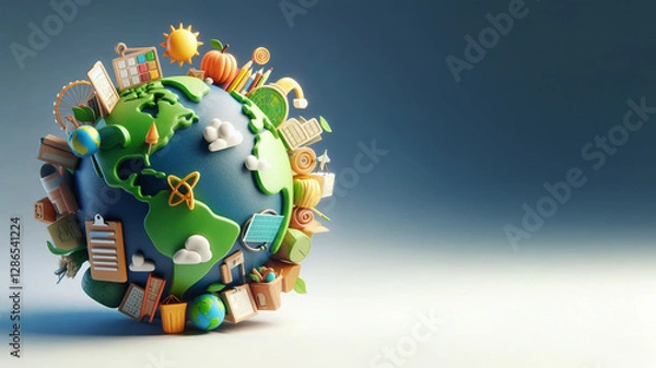 Fototapeta Global Connections: 3D model of a World Globe Decorated with Everyday Items, Earth Day Background, Copy Space