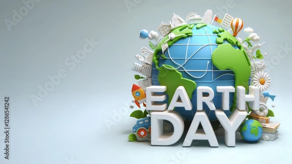 Fototapeta Earth Day celebration 3D globe and diverse elements surrounded by various symbols, Copy Space for your text