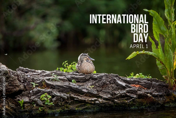 Fototapeta Photo of a duck on a lake. Bird in the wild. International Bird Day April 1. 