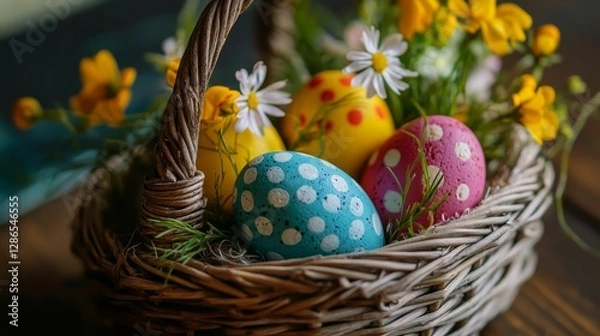 Fototapeta Wicker basket with painted Easter eggs and spring flowers