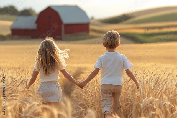 Fototapeta Two children in light summer clothes running through a golden wheat field towards a charming red barn in the distance. Their hair flows in the breeze as they hold hands, their backs turned to the view