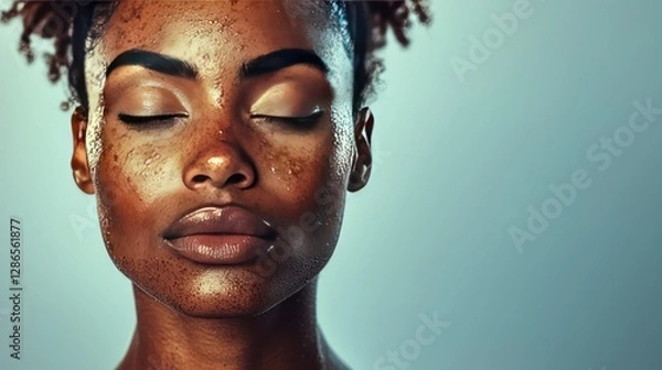 Fototapeta A portrait of a woman with closed eyes and glowing, dewy skin and lips in a calm pose.