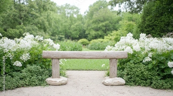 Fototapeta Wooden bench in garden, tranquil scene, idyllic setting. Possible use Stock photo for nature, relaxation, or parks