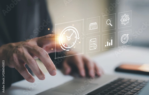 Fototapeta Business person with time management activity to improve productivity, process optimization and lean organization. Business and production improvement by time and resource planning for more profit.