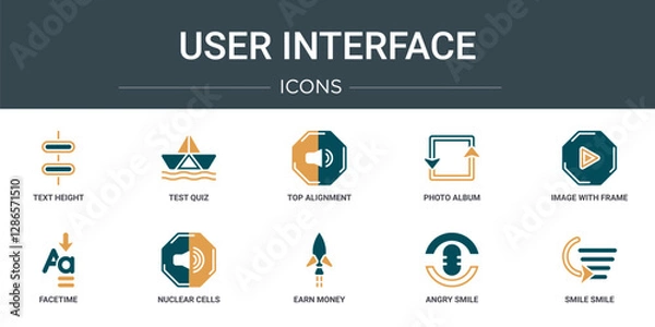 Obraz set of 10 outline web user interface icons such as text height, test quiz, top alignment, photo album, image with frame, facetime, nuclear cells vector icons for report, presentation, diagram, web