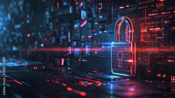 Obraz Cyber Security Neon Lock on Digital Circuitry, digital art, cybersecurity , lock , circuitry
