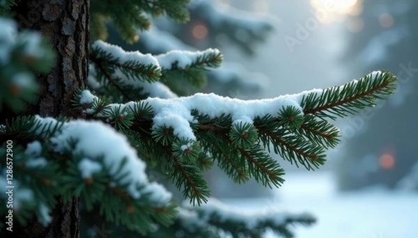 Fototapeta Trunk of pine tree with snow covered branches, evergreen, branch