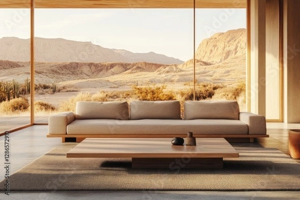 Fototapeta Desert landscape view from minimalist living room with beige sofa and wooden coffee table.
