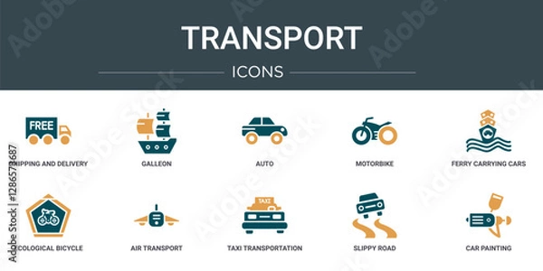 Obraz set of 10 outline web transport icons such as shipping and delivery, galleon, auto, motorbike, ferry carrying cars, ecological bicycle transport, air transport vector icons for report, presentation,