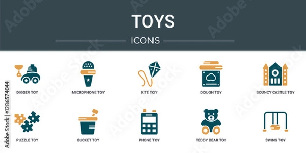 Fototapeta set of 10 outline web toys icons such as digger toy, microphone toy, kite toy, dough bouncy castle puzzle bucket vector icons for report, presentation, diagram, web design, mobile app