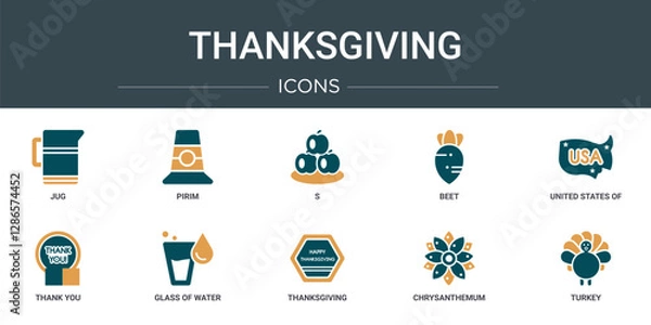 Obraz set of 10 outline web thanksgiving icons such as jug, pirim, s, beet, united states of america, thank you, glass of water vector icons for report, presentation, diagram, web design, mobile app