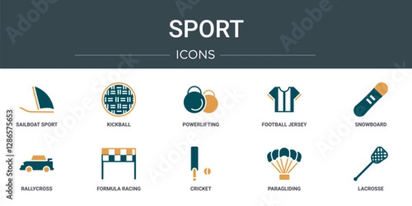 Obraz set of 10 outline web sport icons such as sailboat sport, kickball, powerlifting, football jersey, snowboard, rallycross, formula racing vector icons for report, presentation, diagram, web design,