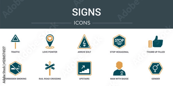 Obraz set of 10 outline web signs icons such as traffic, love pointer, arrow bolt, stop hexagonal, thumb up filled gesture, forbidden smoking, rail road crossing cross vector icons for report,