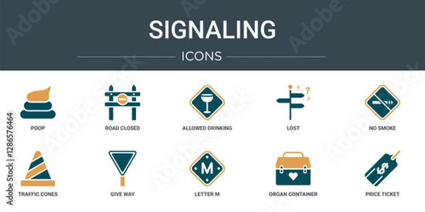 Obraz set of 10 outline web signaling icons such as poop, road closed, allowed drinking, lost, no smoke, traffic cones, give way vector icons for report, presentation, diagram, web design, mobile app