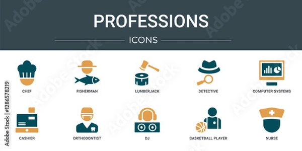 Obraz set of 10 outline web professions icons such as chef, fisherman, lumberjack, detective, computer systems analyst, cashier, orthodontist vector icons for report, presentation, diagram, web design,