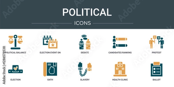 Obraz set of 10 outline web political icons such as political balance, election event on a calendar with star, debate, candidates ranking graphic, protest, election, oath vector icons for report,