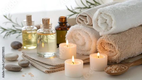 Obraz Luxury Spa Setting with Towels, Candles, Essential Oils, and Relaxing Decor