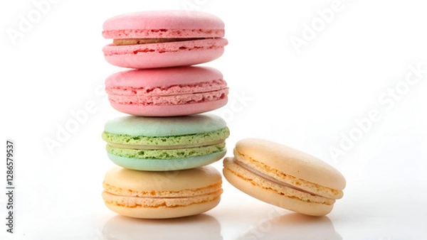 Obraz Colorful French Macarons Stack with Pastel Shades on White Background