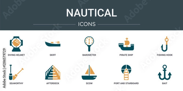 Obraz set of 10 outline web nautical icons such as diving helmet, skiff, barometer, pirate ship, fishing hook, seaworthy, afterdeck vector icons for report, presentation, diagram, web design, mobile app