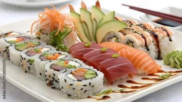 Obraz Assorted Sushi Platter with Fresh Sashimi and Rolls
