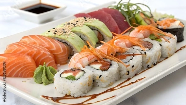Obraz Delicious Sushi Platter with Fresh Sashimi, Rolls, and Wasabi