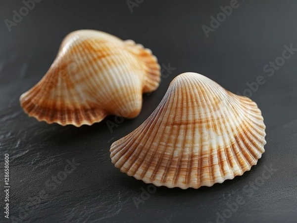 Fototapeta Beautiful Close-Up of Two Seashells on a Dark Stone Surface
