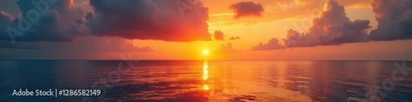 Fototapeta Fiery sunrise casts a warm golden glow on the tranquil sea's surface , warm, goldenhour, image