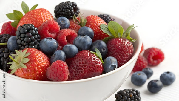 Obraz Fresh Mixed Berries in a White Bowl – Healthy and Delicious