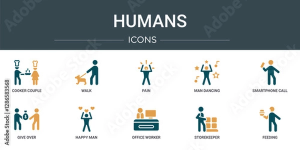 Obraz set of 10 outline web humans icons such as cooker couple, walk, pain, man dancing, smartphone call, give over, happy man vector icons for report, presentation, diagram, web design, mobile app